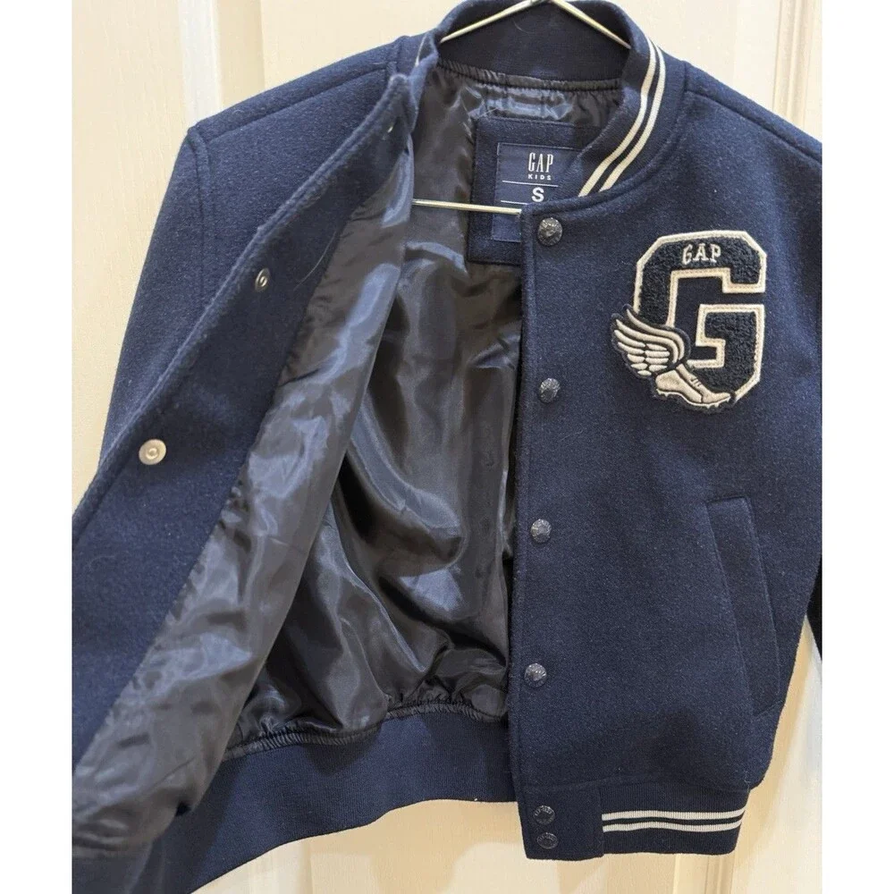 Gap Kids Varsity Bomber Letter Jacket Navy Blue Sleeves Sz Small Lined Athletic